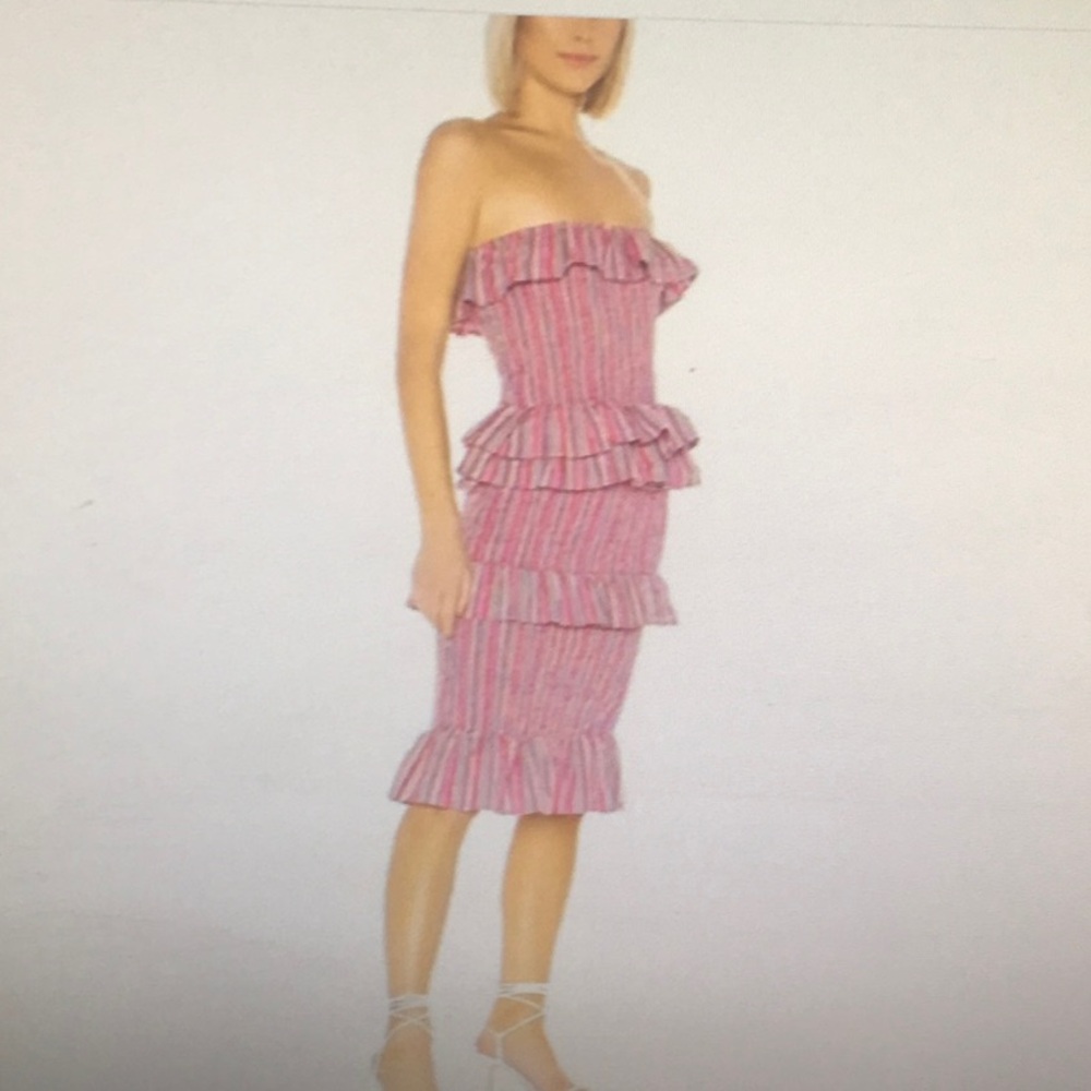 TULAROSA/“BAILEE”STRAPLESS MULTI STRIP LINEN BLEND RUFFLE DRESS/ NEW - Picture 2 of 10